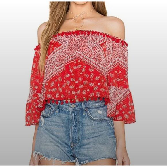 TULAROSA Alex Cherry Red White Bandana Print Off-Shoulder Pom Pom Top Blouse M - Picture 1 of 9